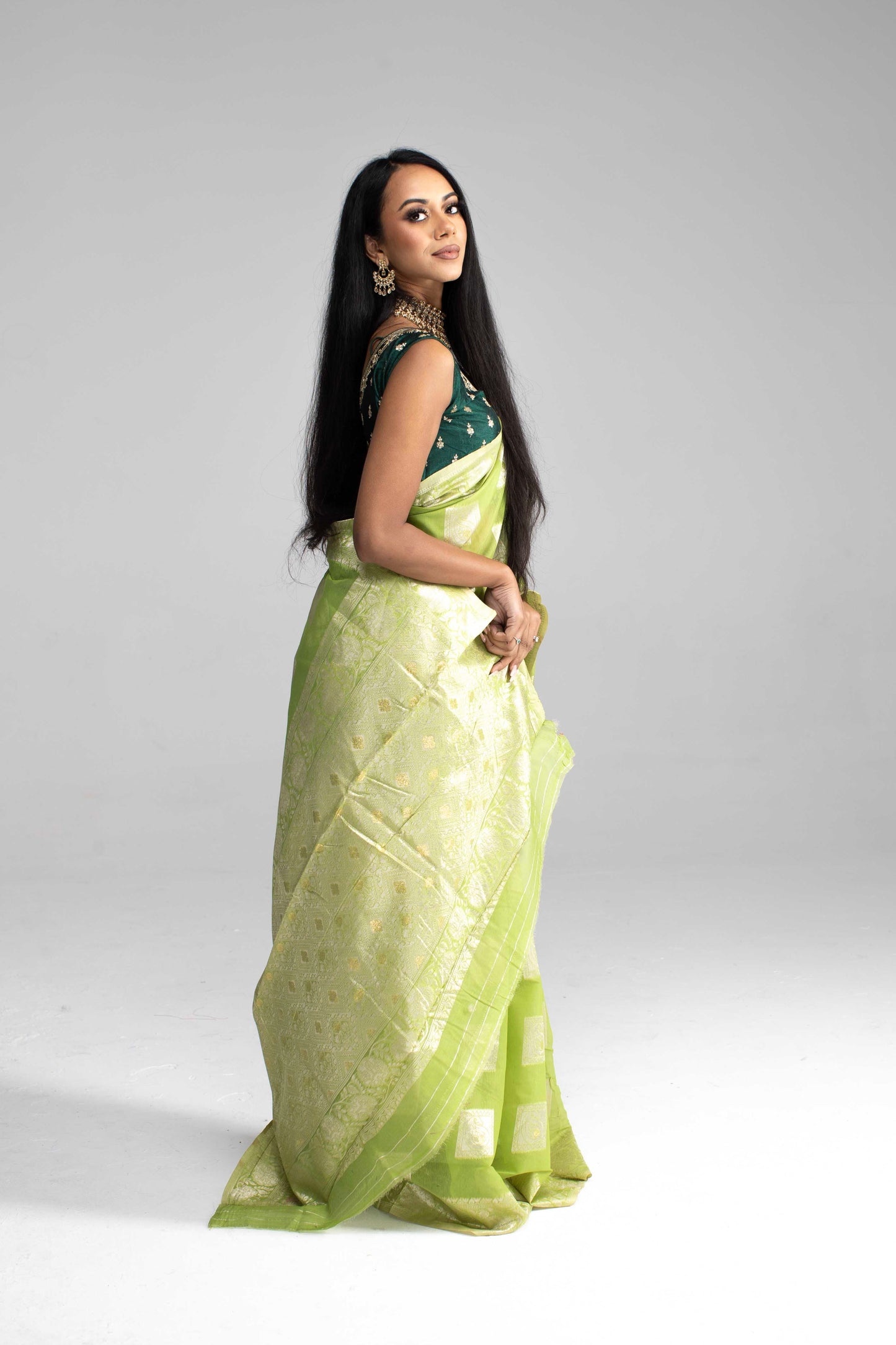 Lime Green Cotton Saree with Silver Jari