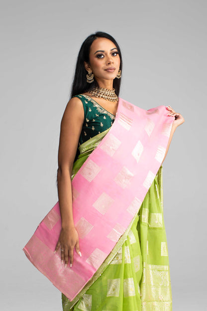 Lime Green Cotton Saree with Silver Jari