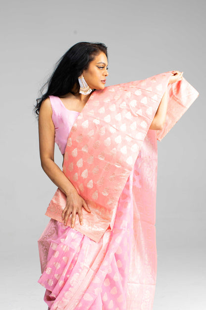 Baby Pink Cotton Saree with Silver Work & Jari