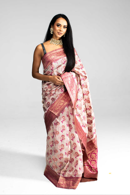 Cotton Saree with Silk Border & Floral Weave – Available in 5 Colours