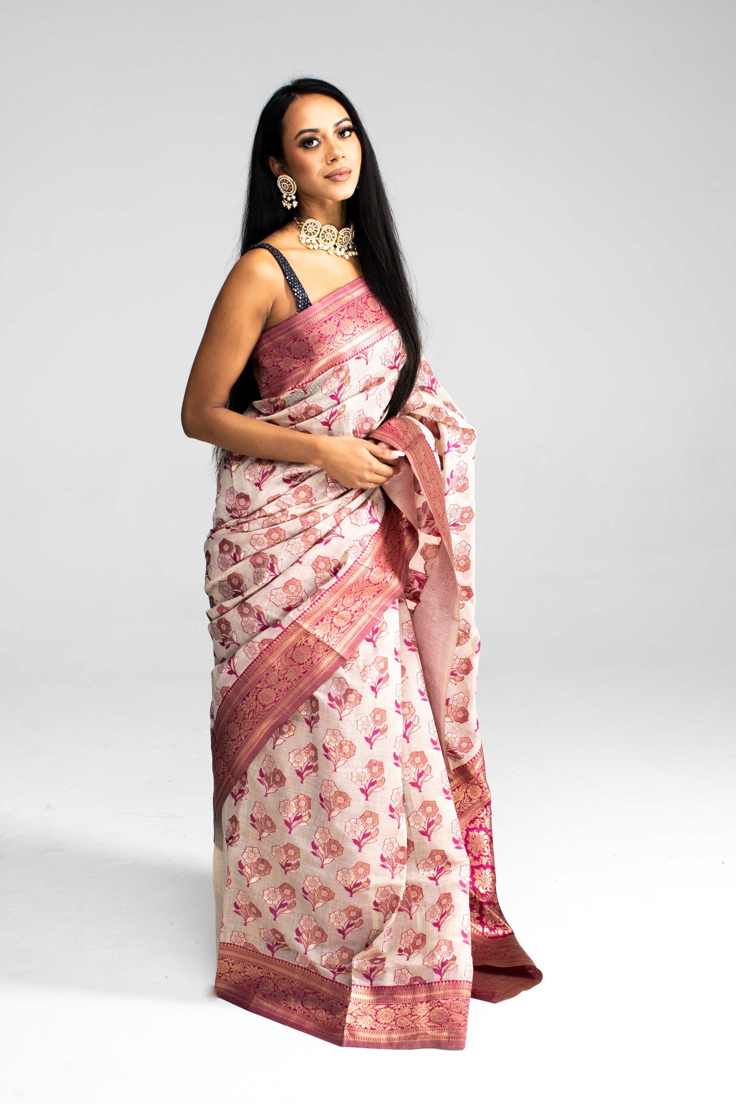 Cotton Saree with Silk Border & Floral Weave – Available in 5 Colours