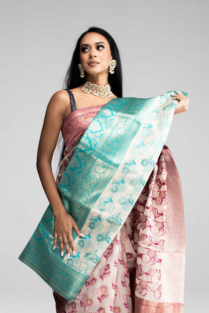 Cotton Saree with Silk Border & Floral Weave – Available in 5 Colours