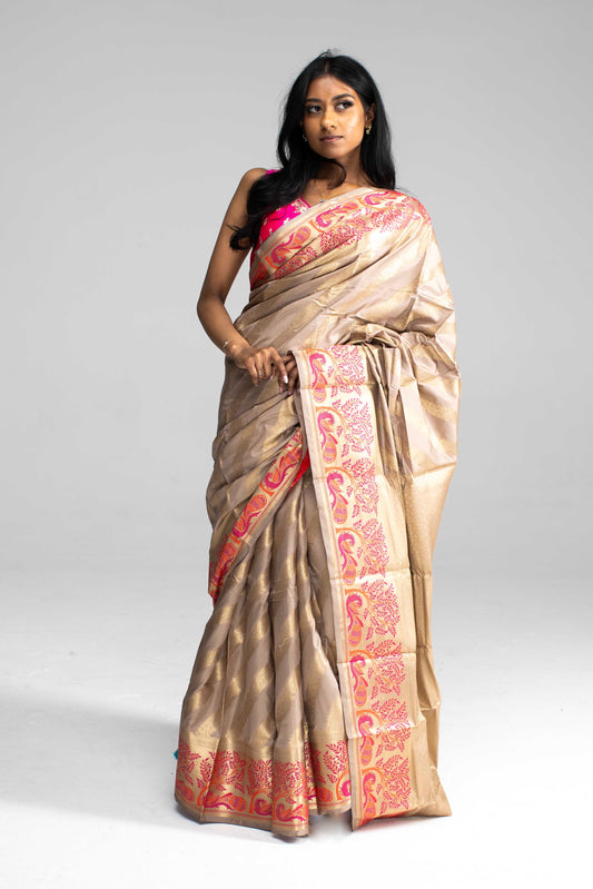 Contrast Pink Zari Border & Paisley Motifs – Available in 4 Colours