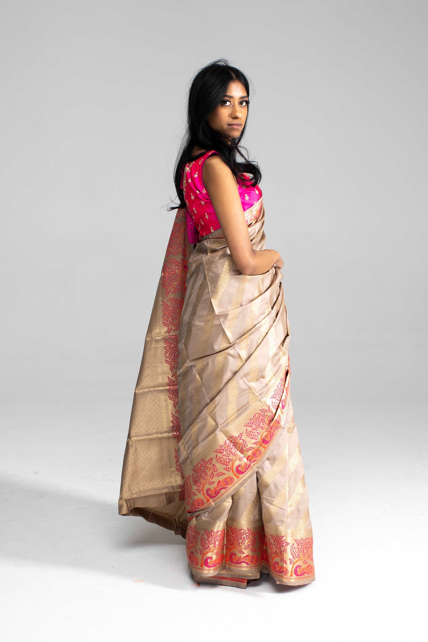Contrast Pink Zari Border & Paisley Motifs – Available in 4 Colours