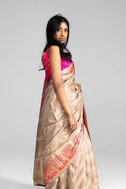 Contrast Pink Zari Border & Paisley Motifs – Available in 4 Colours