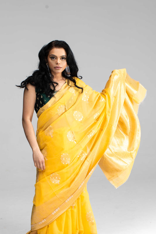 Elegant Yellow Cotton Saree with Golden Work