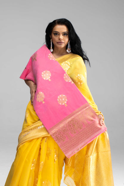 Elegant Yellow Cotton Saree with Golden Work