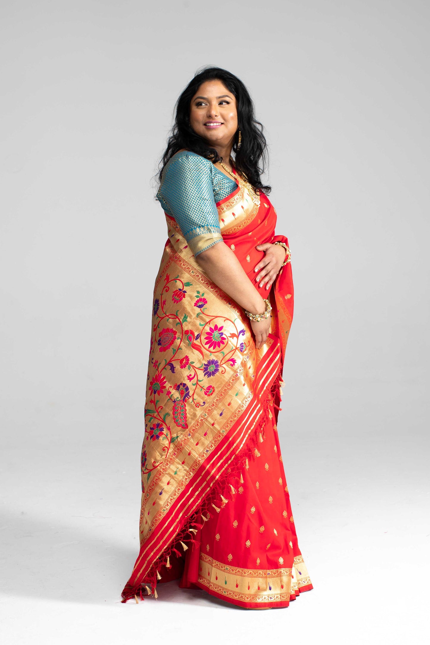 Traditional Red Paithani Silk Saree with Golden Zari & Peacock Motif Pallu