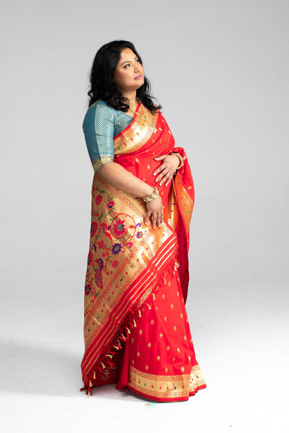 Traditional Red Paithani Silk Saree with Golden Zari & Peacock Motif Pallu