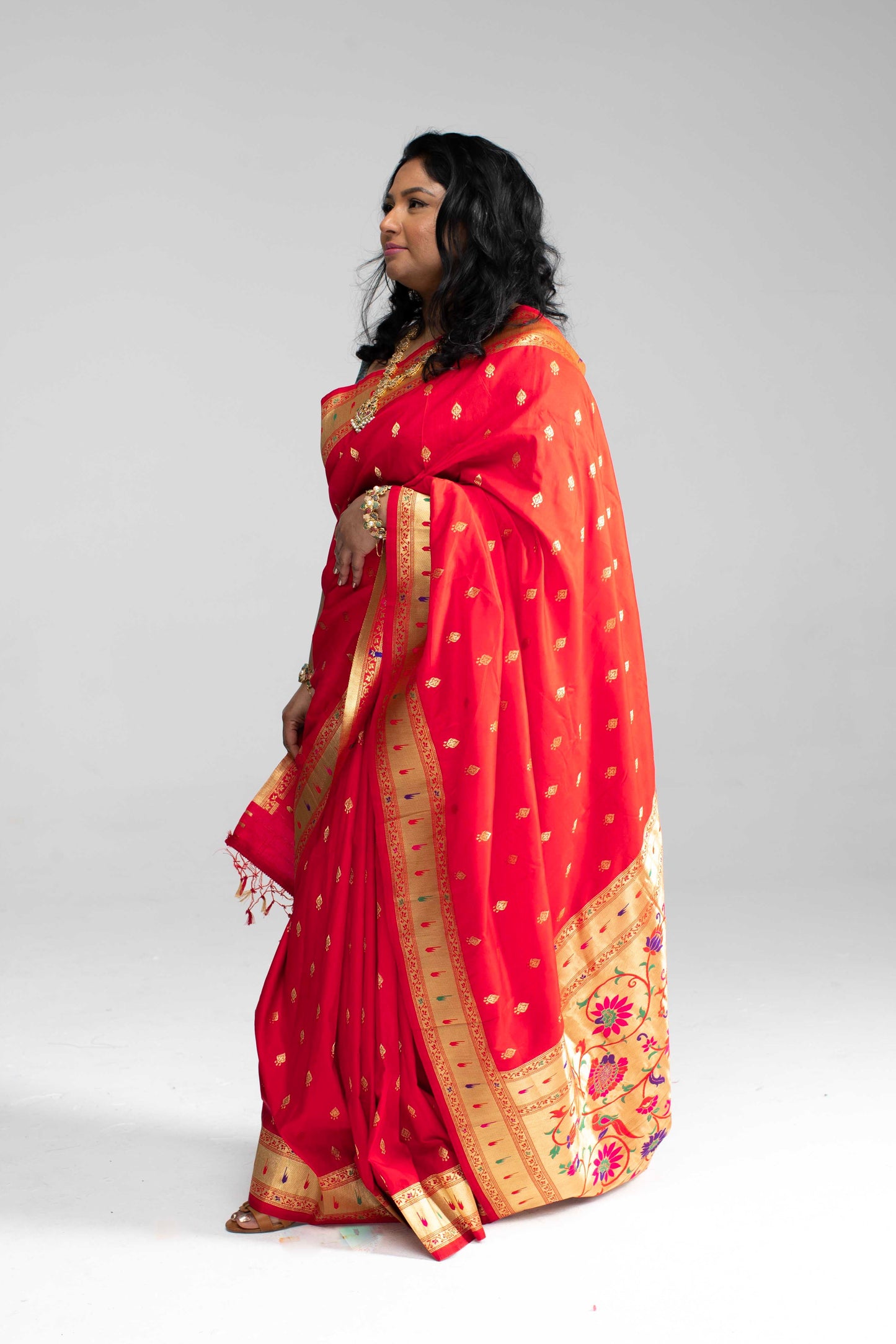 Traditional Red Paithani Silk Saree with Golden Zari & Peacock Motif Pallu