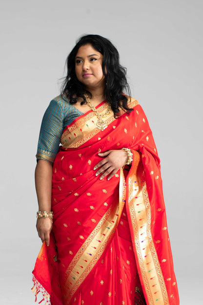 Traditional Red Paithani Silk Saree with Golden Zari & Peacock Motif Pallu