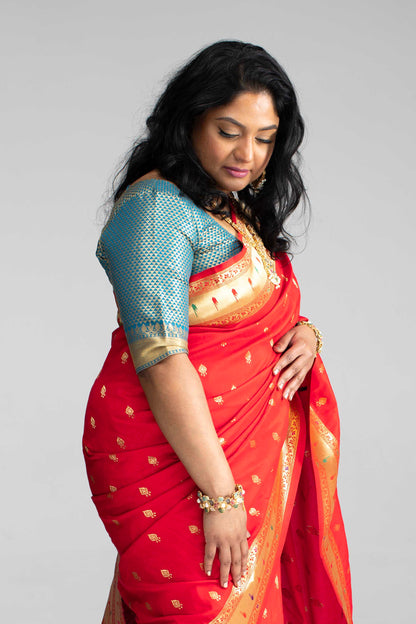 Traditional Red Paithani Silk Saree with Golden Zari & Peacock Motif Pallu